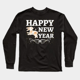 Happy New Year white and gold rabbit, black desing Long Sleeve T-Shirt